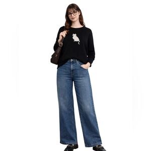 Cotton Country 100% Cotton Black and White Cat Print Knit Fisherman Sweater L